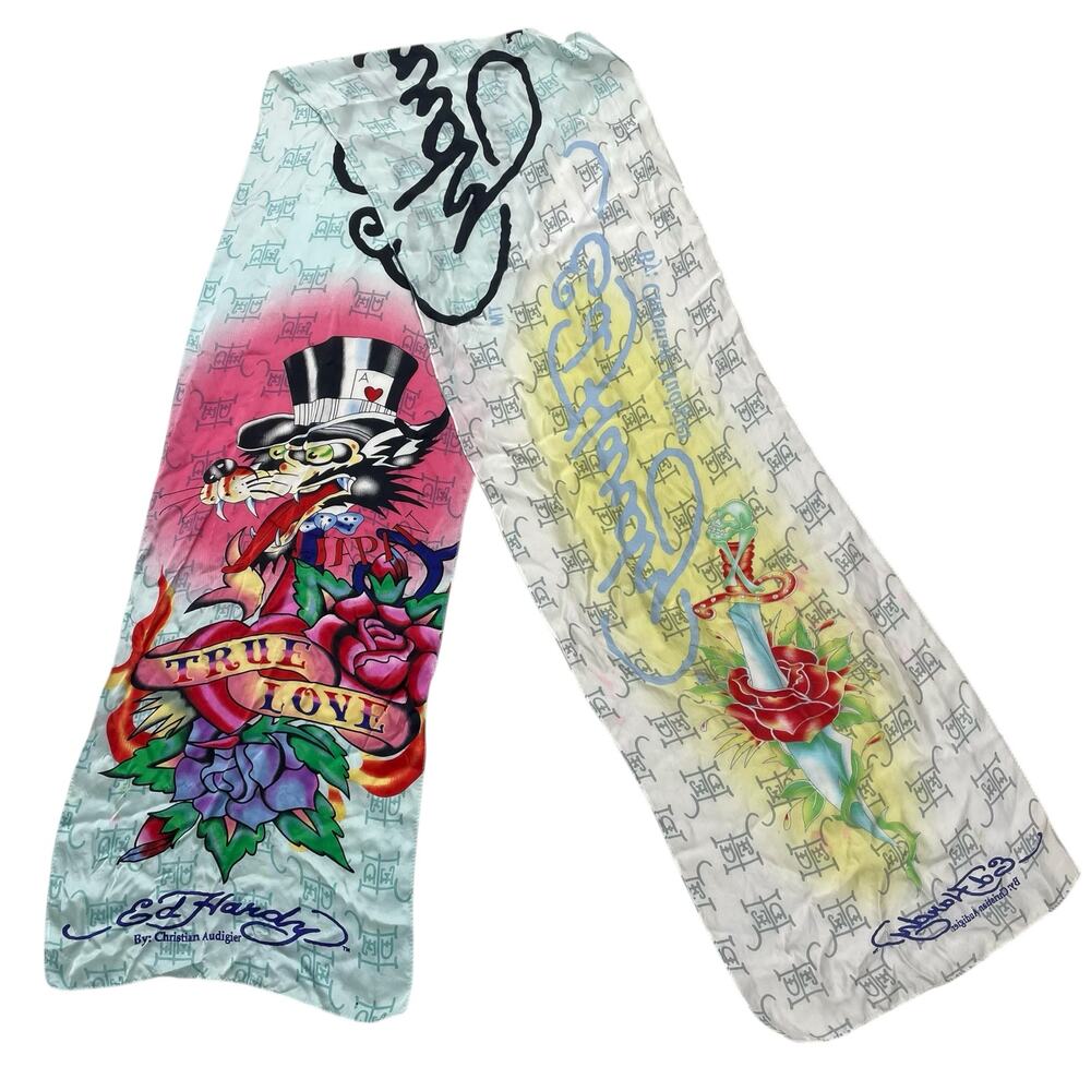 Ed Hardy Silk Print Long Y2K Scarf Wrap